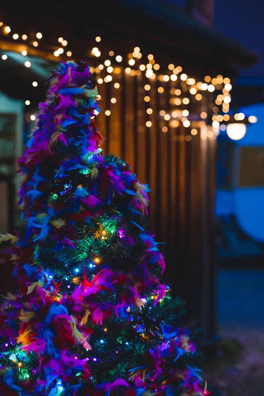 kerstboom bij hooiberg met kerstverlichting